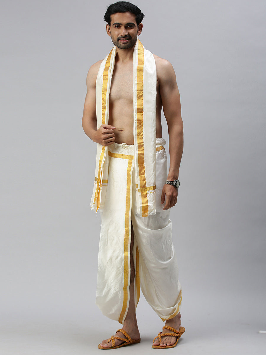 Men Silk Cream with Gold Jari Border Readymade Panchakacham & Towel Set 60K