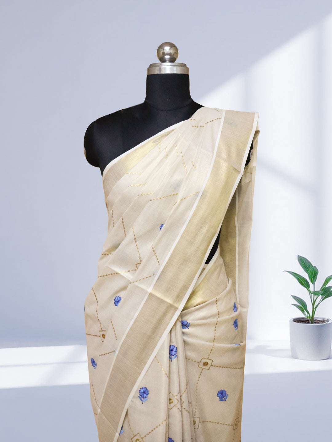 Women Kerala Tissue Gold with Flower Embroidery Saree KS211