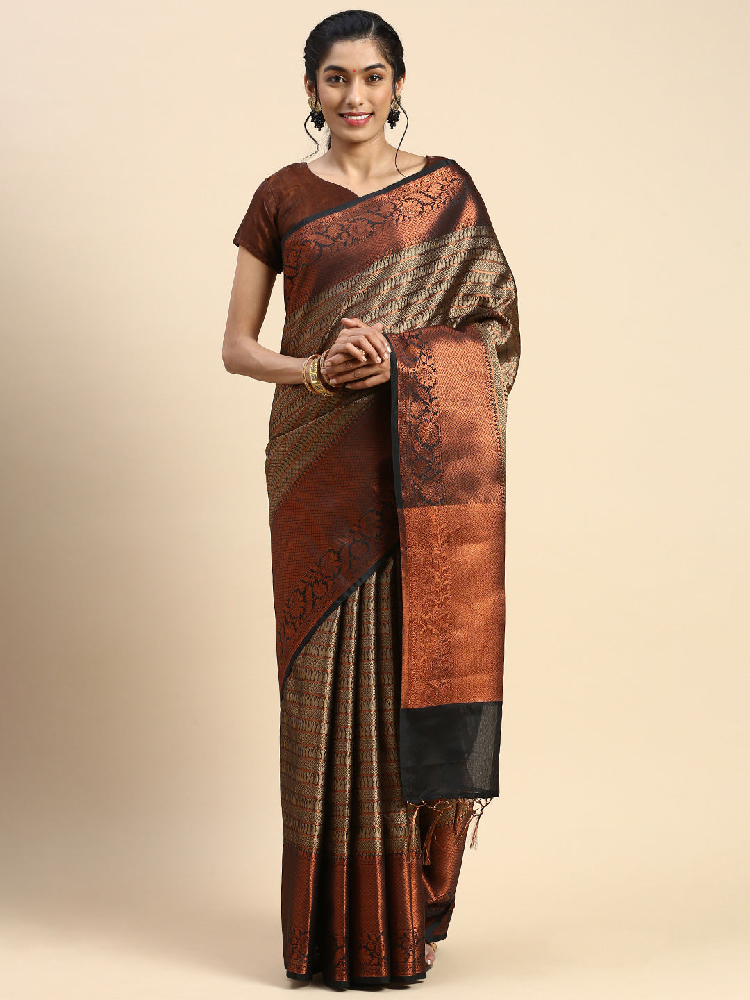 Semi Kora Cotton Allover Design Saree Black with Copper Zari Border SKC04