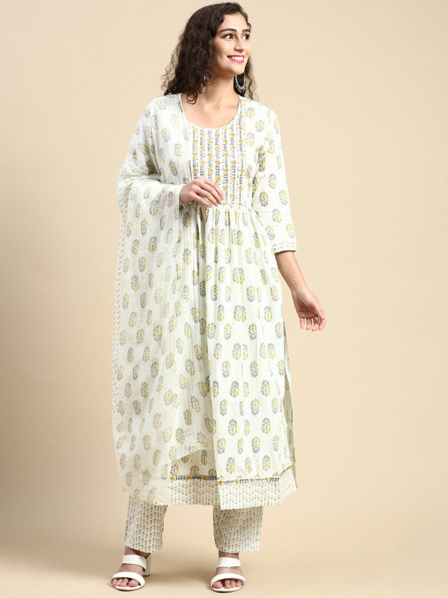 Womens Off White Printed & Embroidered Kurti Set PKS01-Front view