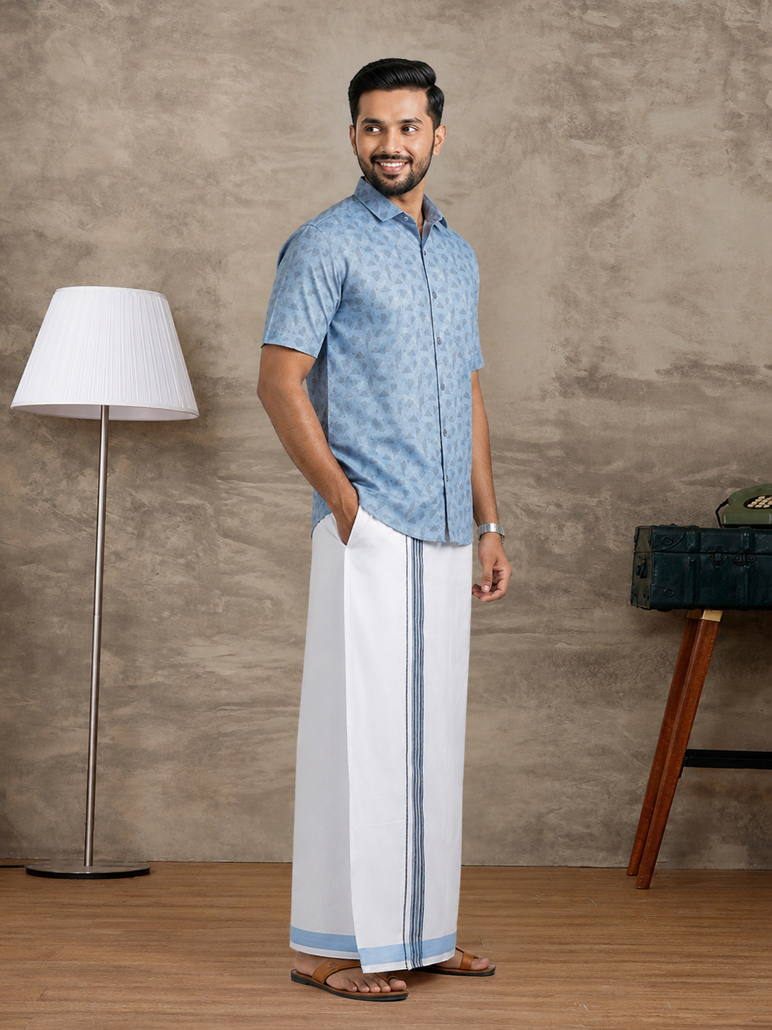 Cotton Rich Light Blue Printed Shirt with Matching Border Dhoti Set PS23