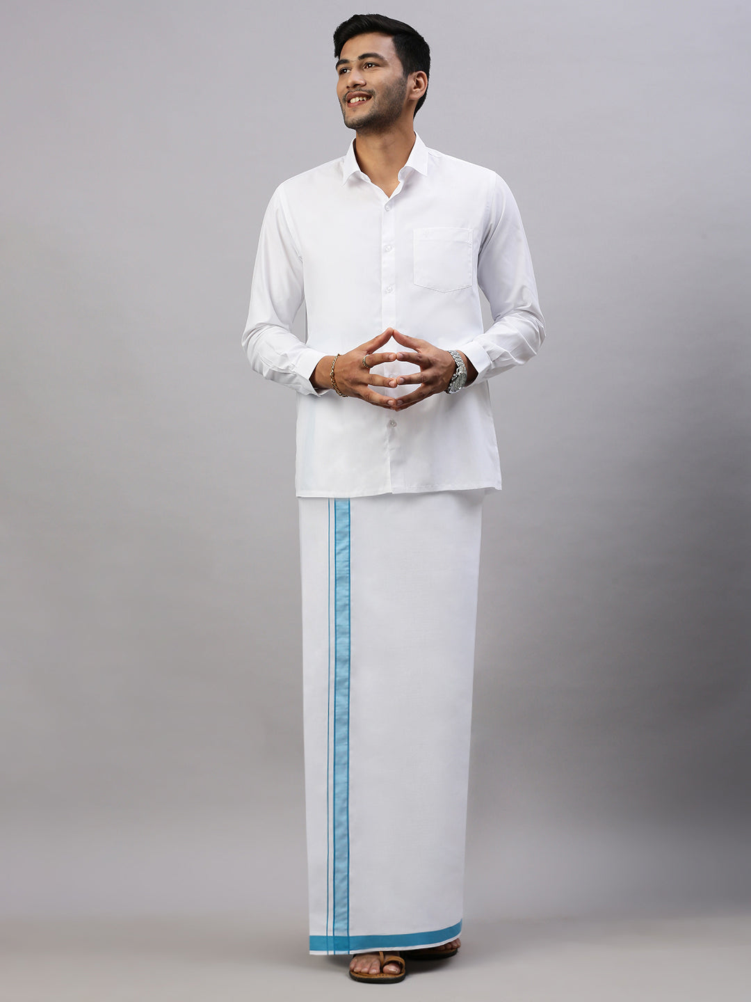 Men White Shirt with Sky Blue Border Single Layer Dhoti Combo WP04