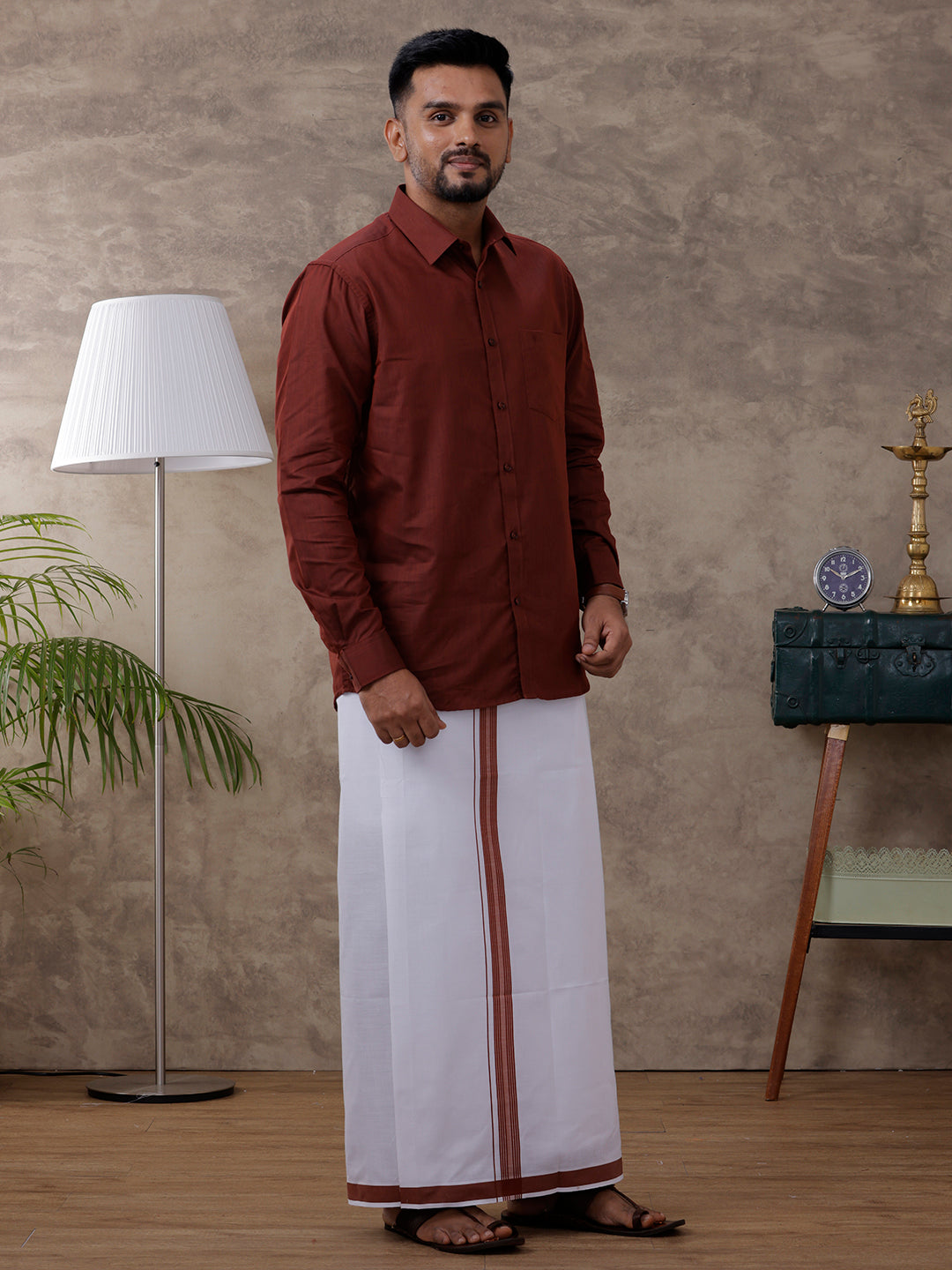 Mens Brown Matching Border Dhoti & Full Sleeves Shirt Set Evolution IC7