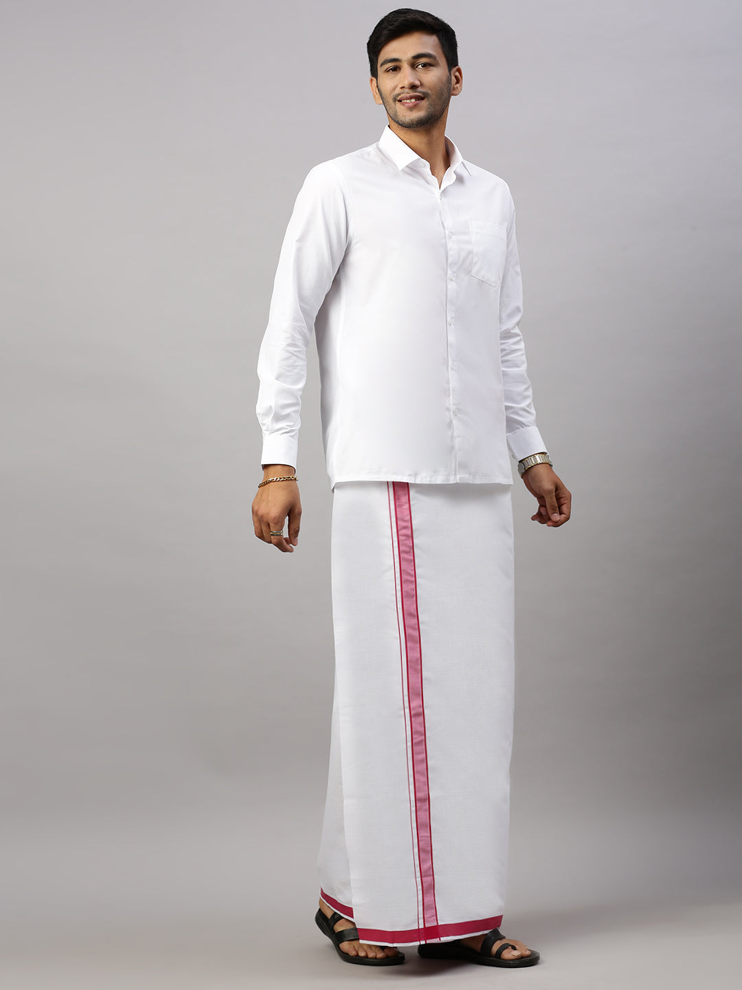 Men White Shirt with Pink Fancy Border Dhoti Combo WP19