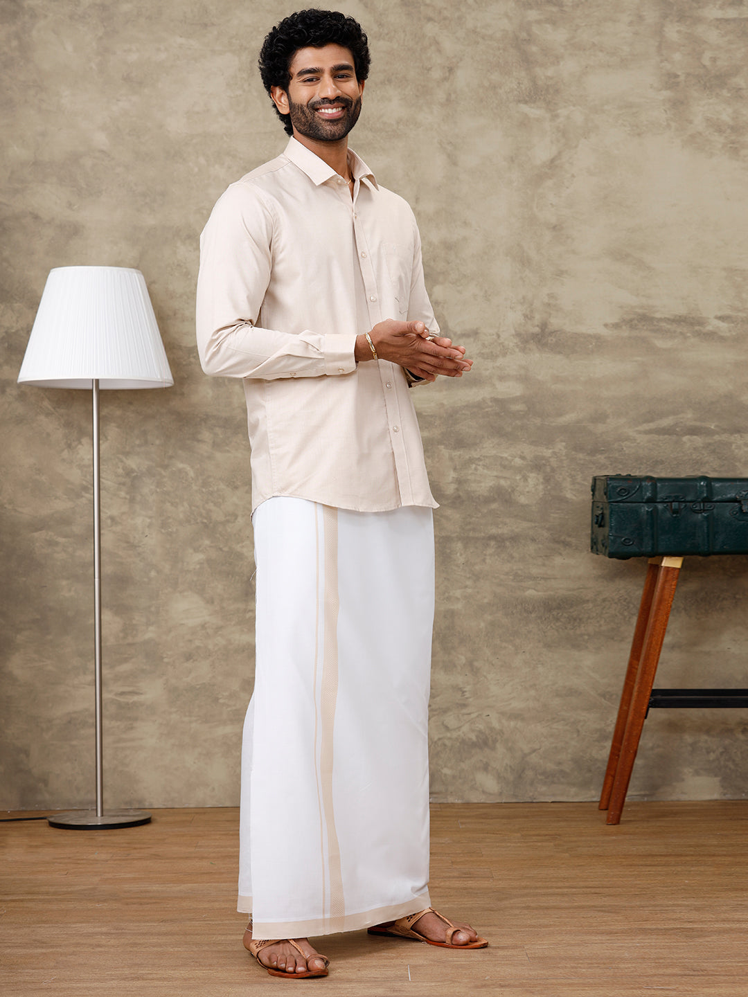 Men Pale Grey Shirt With Matching Border Dhoti Set Evolution