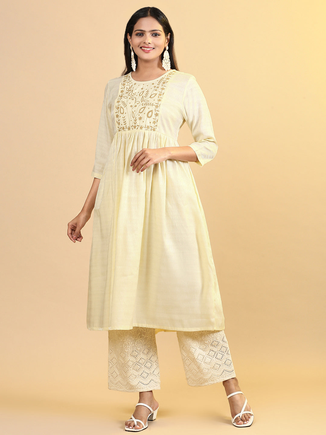 Women Cotton Embroidered Round Neck Kurti Cream EKS11