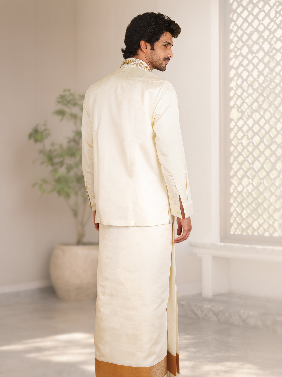 LAGNAA Premium Pure Silk Hand Embroidered Designer Shirt & Dhoti Set with Double Sided Leaf Vine Jari Work | Astra Varman