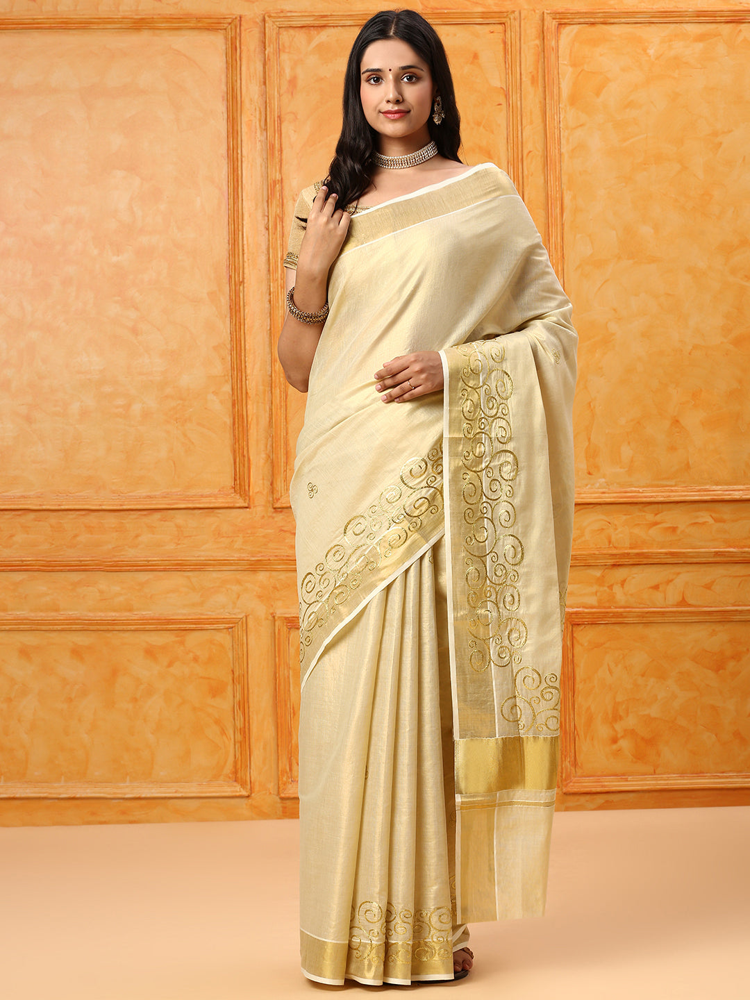 Kerala Cream Gold Jari Embroidery Saree KS110