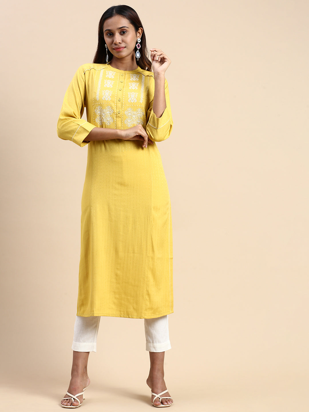 Women Cotton Embroidered Mandarin Collar Straight Cut Lemon Yellow Kurti EK24-Front view