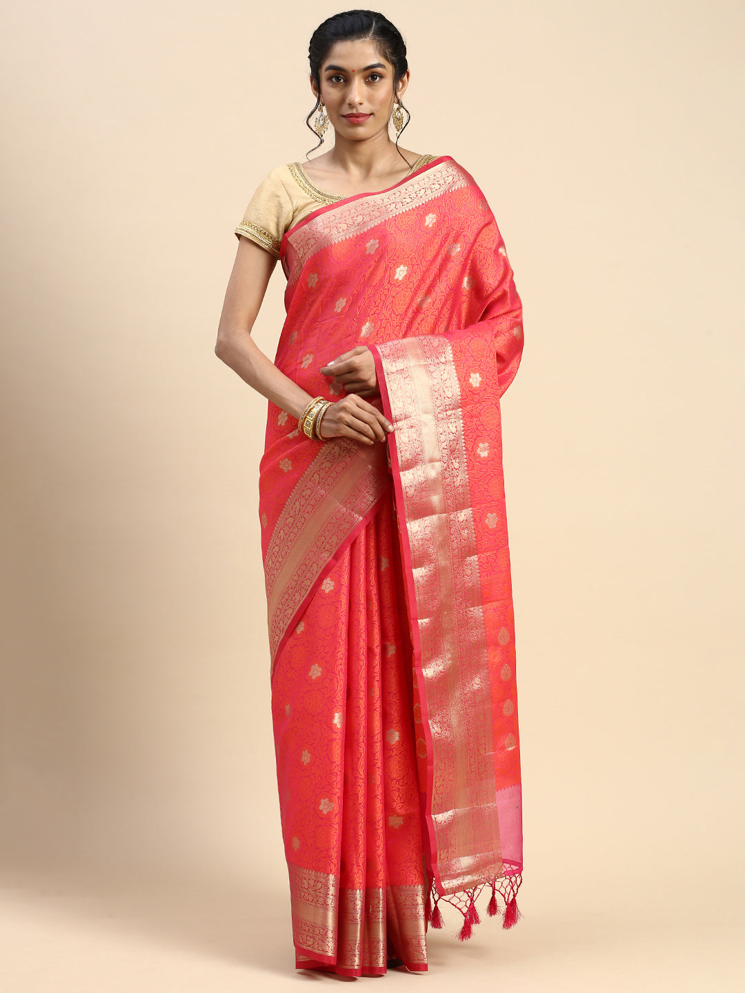 Semi Kora Cotton Allover Design Saree Dark Pink & Orange with Zari Border SKCW02