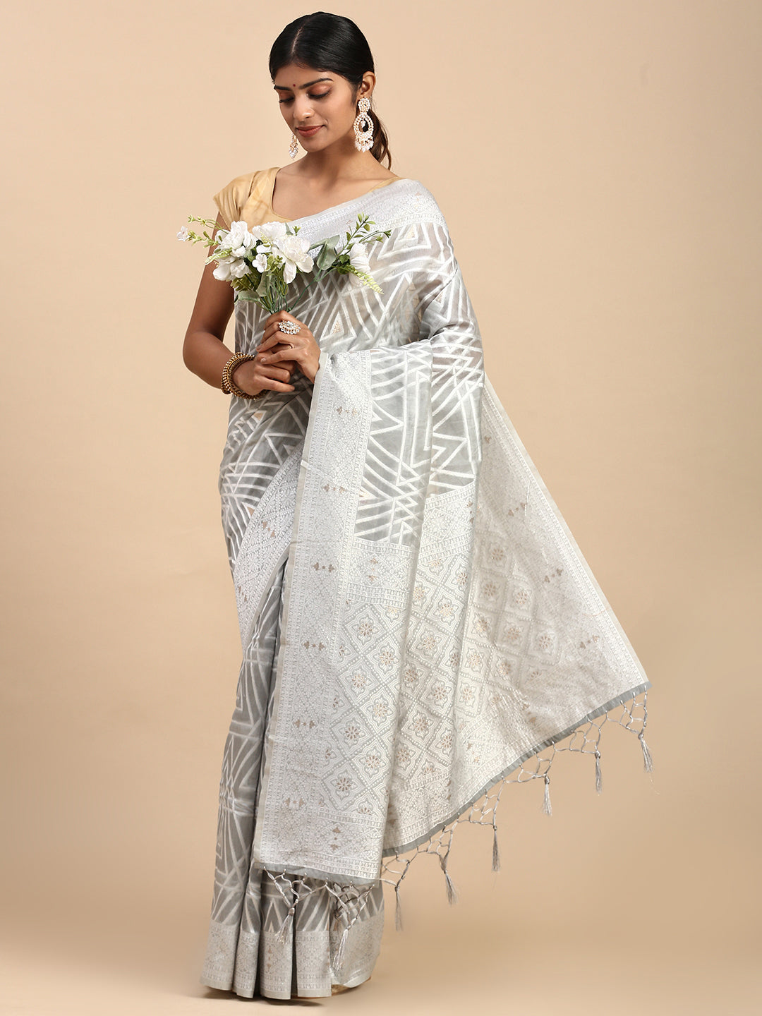 Women Semi Cotton Printed Saree Grey SCS110