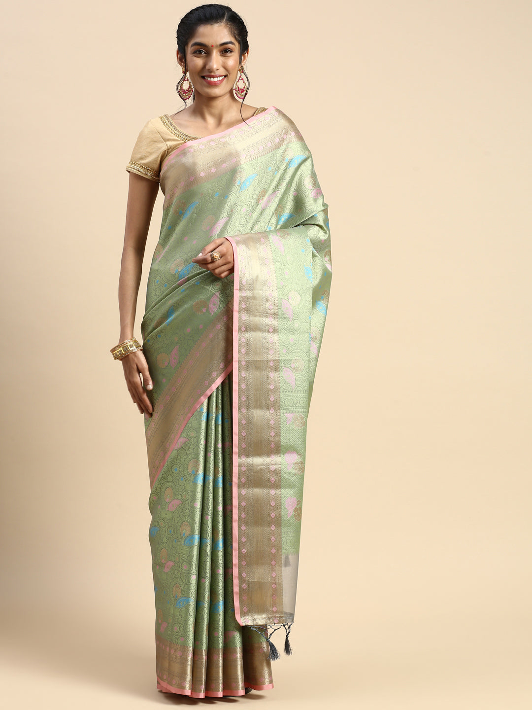 Semi Kora Cotton Allover Design Saree Green with Zari Border SKCW08