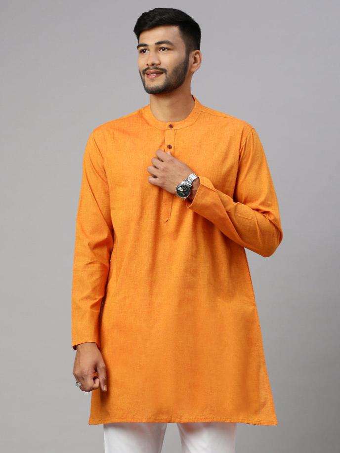 Men Cotton Deep Suffron Medium Length Pocket Kurta M5