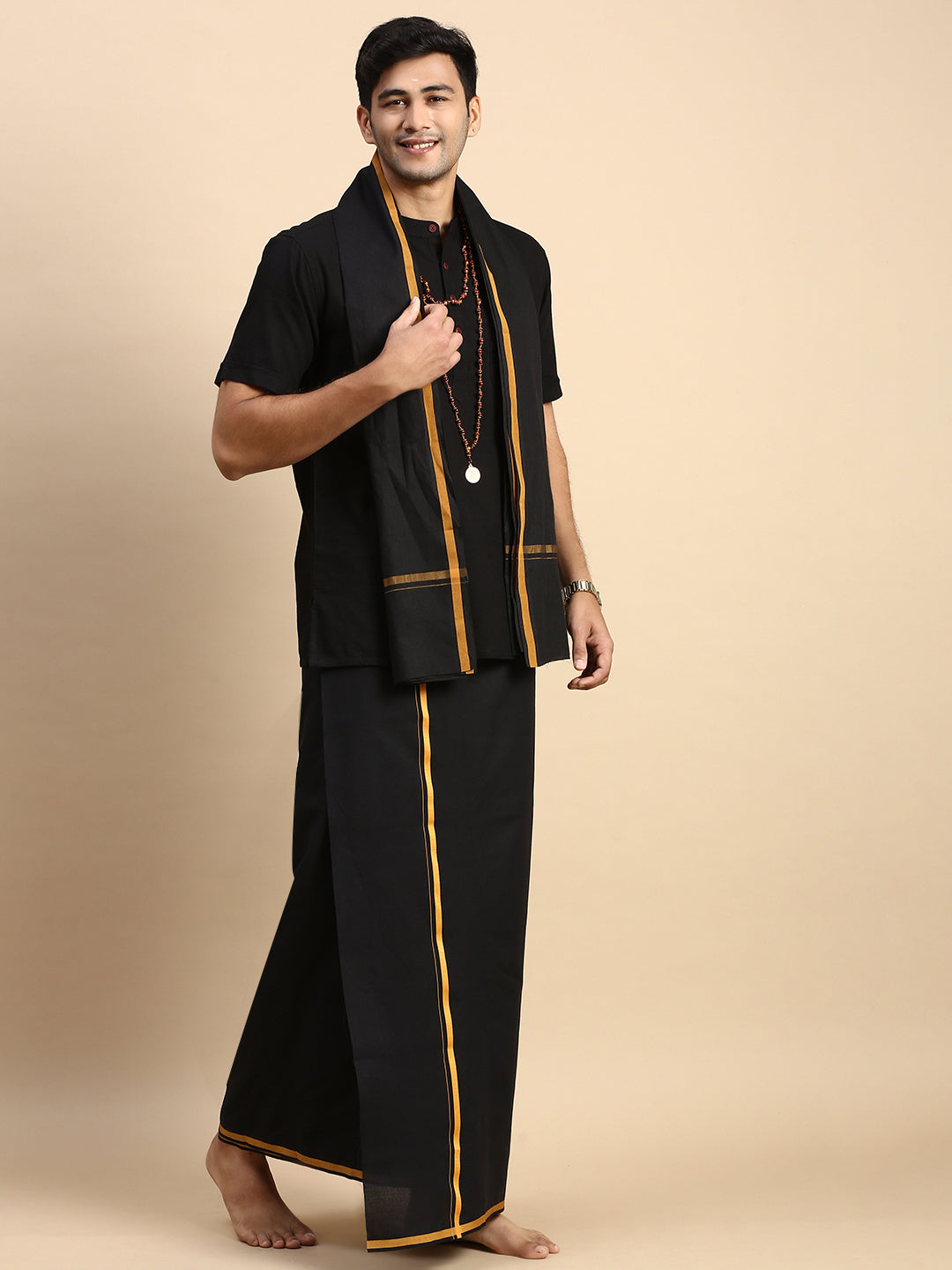 Men Devotional Big Border Dhoti with Towel & Kurta Set Black PB17