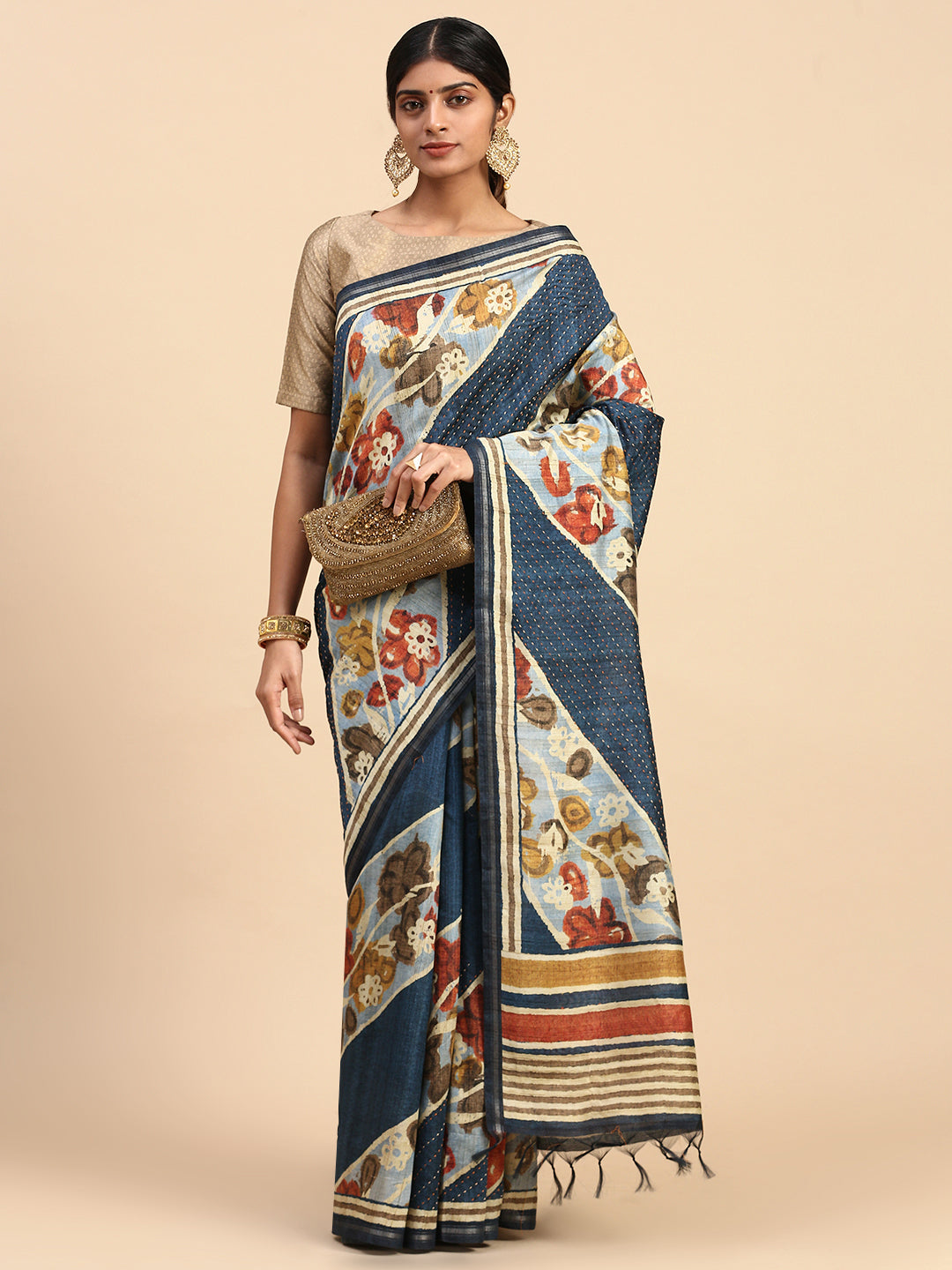 Women Semi Tussar Saree Blue ST189