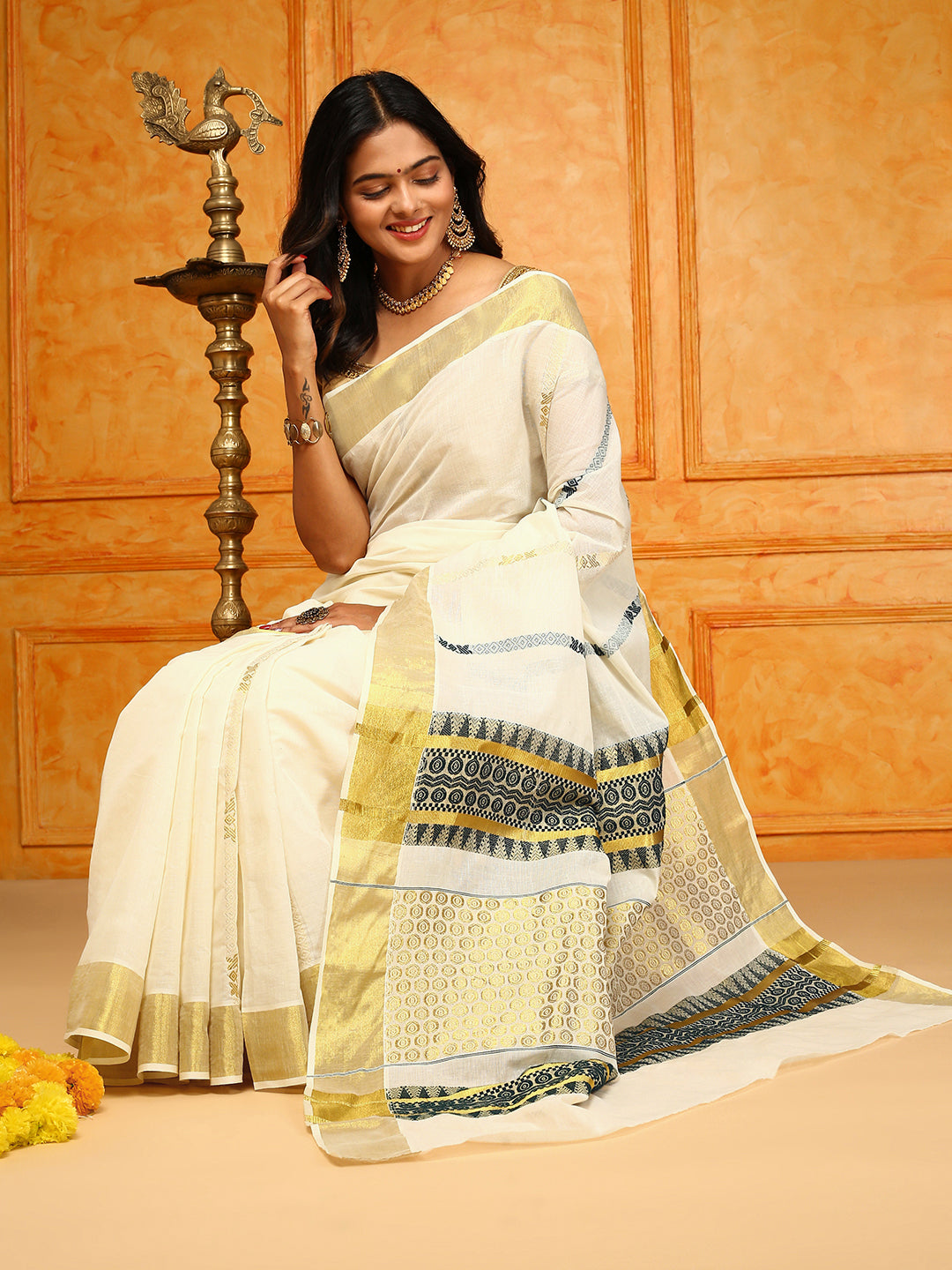 Kerala Cream Gold Jari Weaving Saree KS118