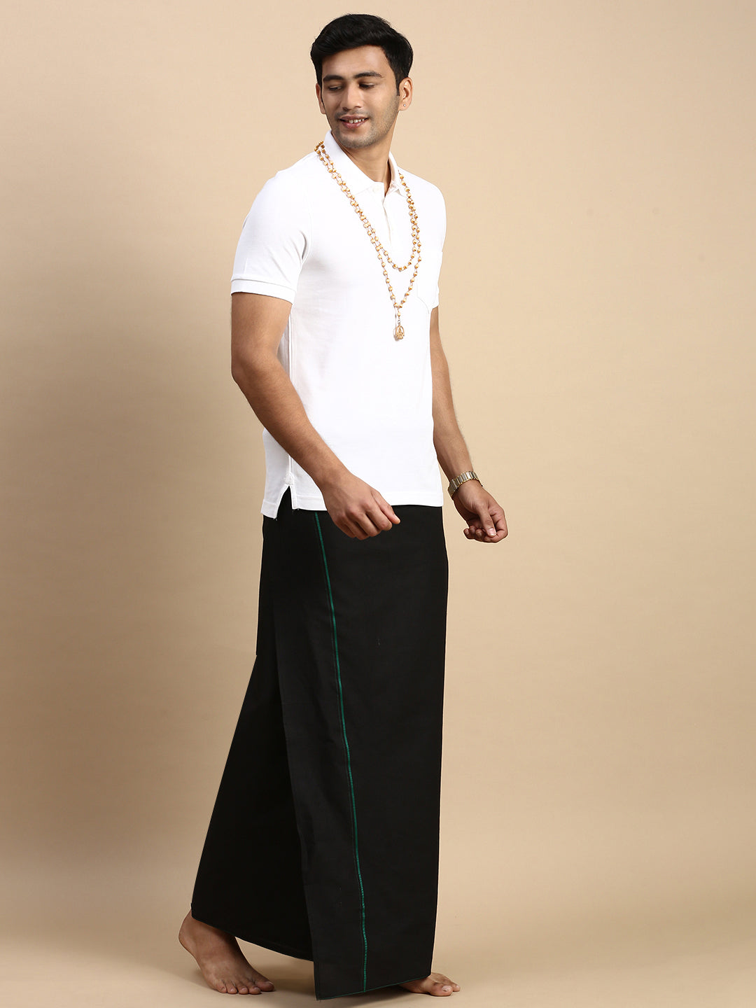 Men Devotional Small Border Dhoti & TShirt Set Black EP1