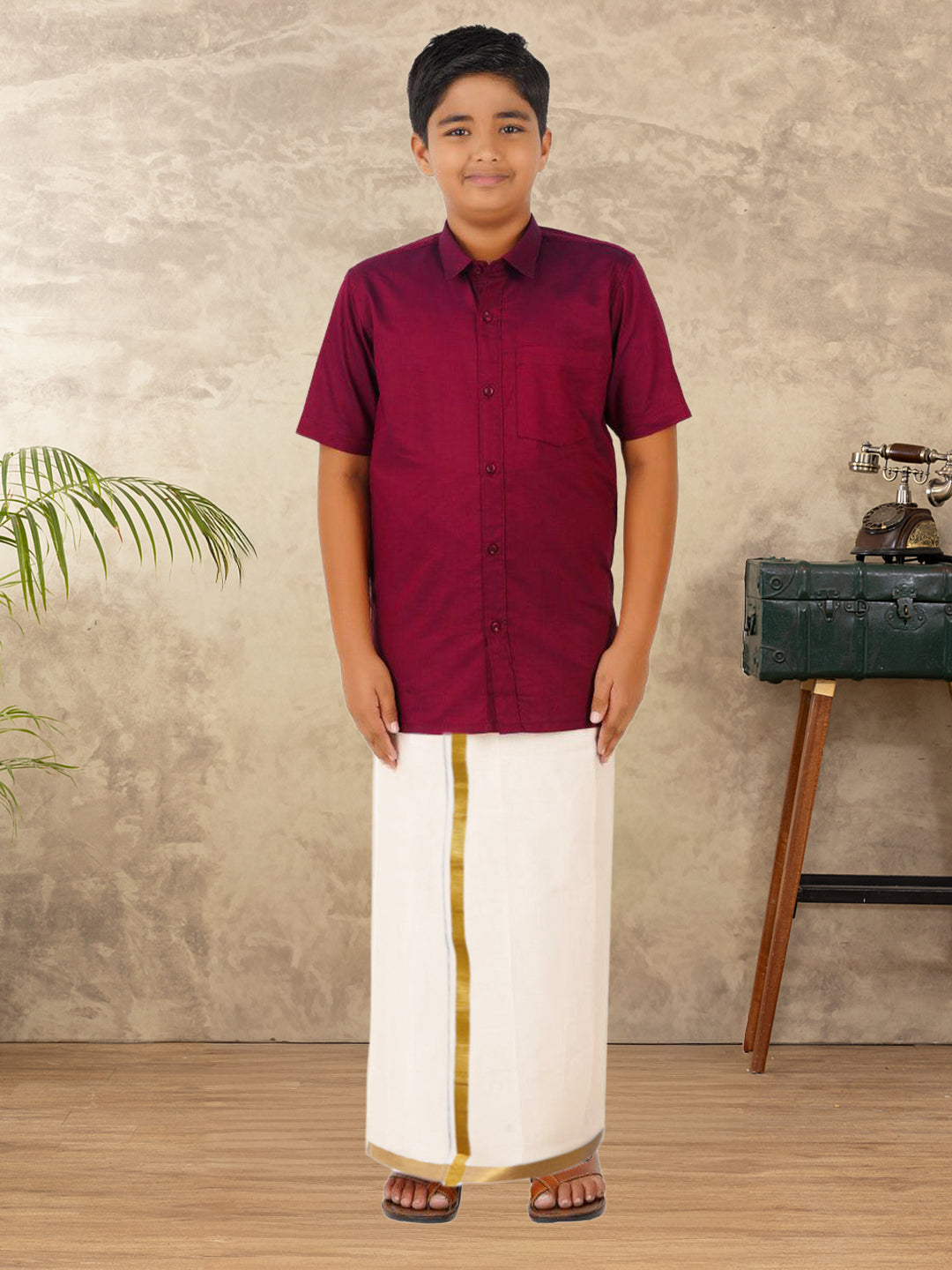 Boys Vetti Vaaram Dhoti & Shirt Combo Maroon
