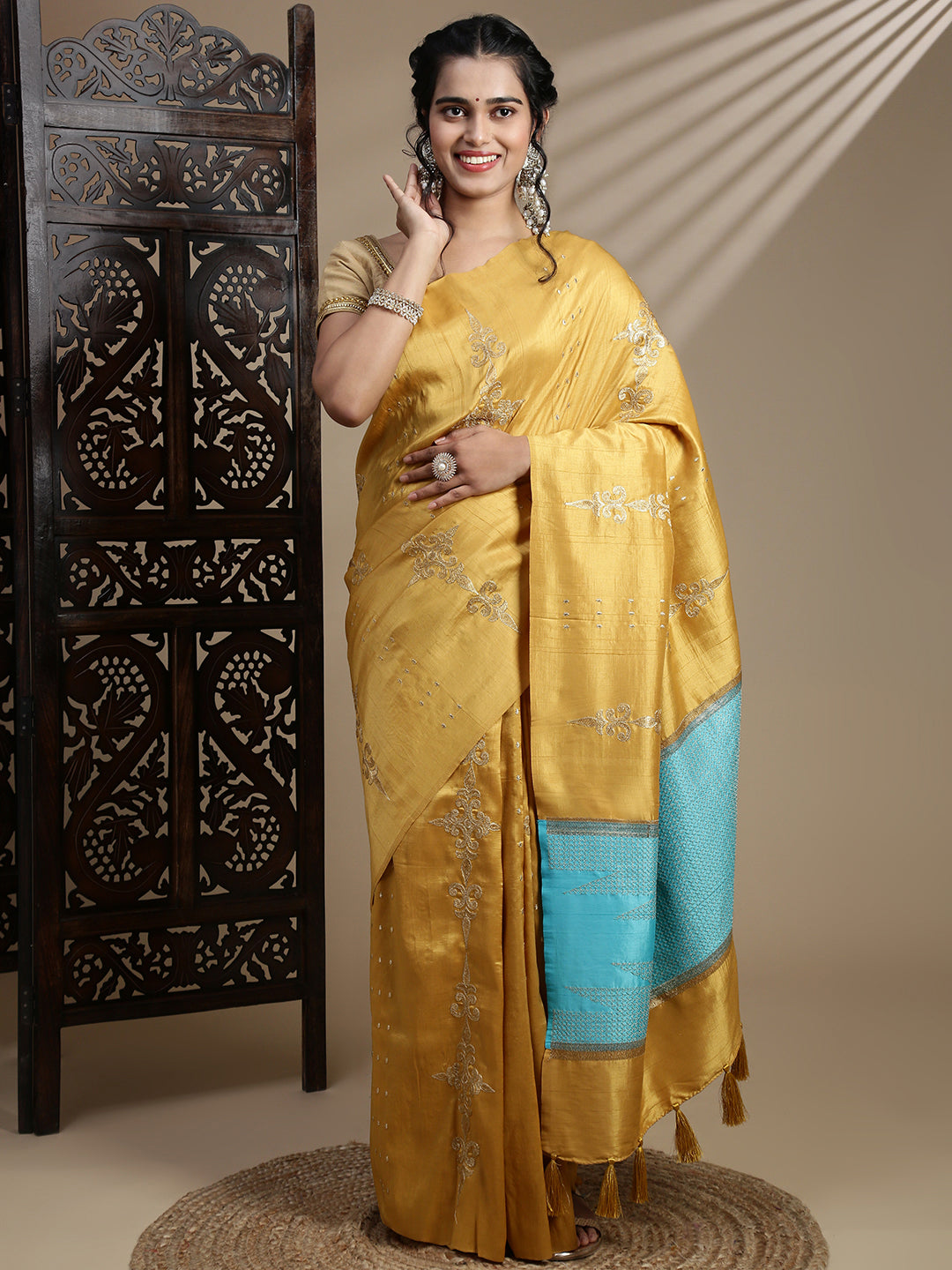 Women Mustard Semi Tussar Embroidered Saree ST315