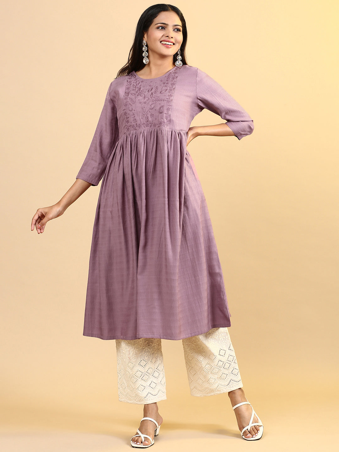 Women Cotton Embroidered Round Neck Kurti Purple EKS13