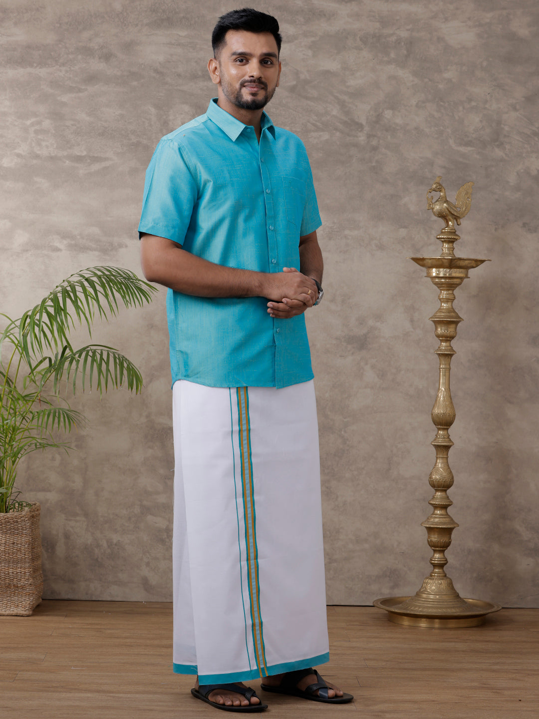 Mens Matching Jari Border Dhoti & Shirt Set Half Sleeve Blue VB8