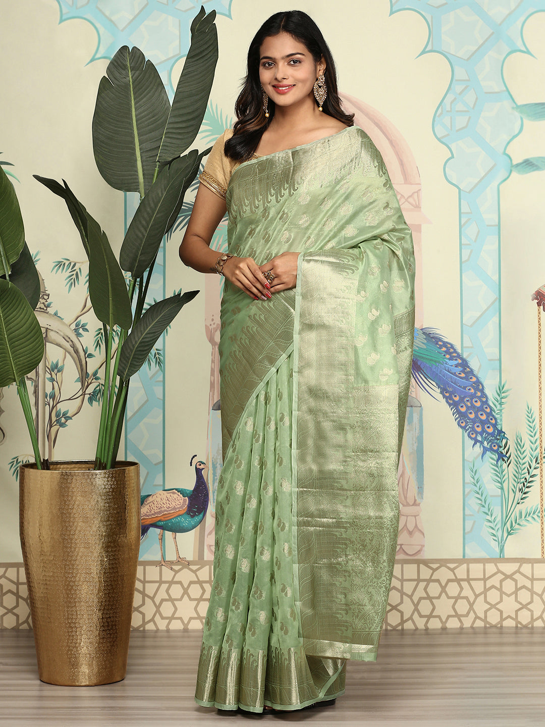 Women Semi Orgenza Weaving Saree Green SOS18