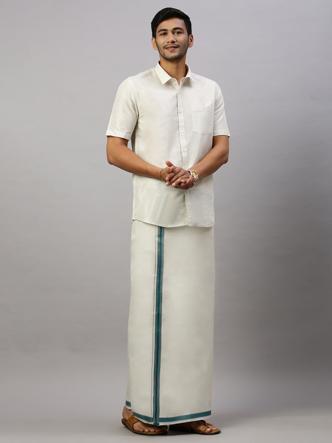 Mens Tissue Green Fancy Border with Silver Single Dhoti - Extreme Silver