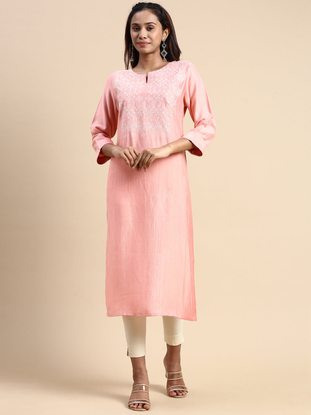 Women Cotton Embroidered Round Neck Straight Cut Pink Kurti EK35-Full view