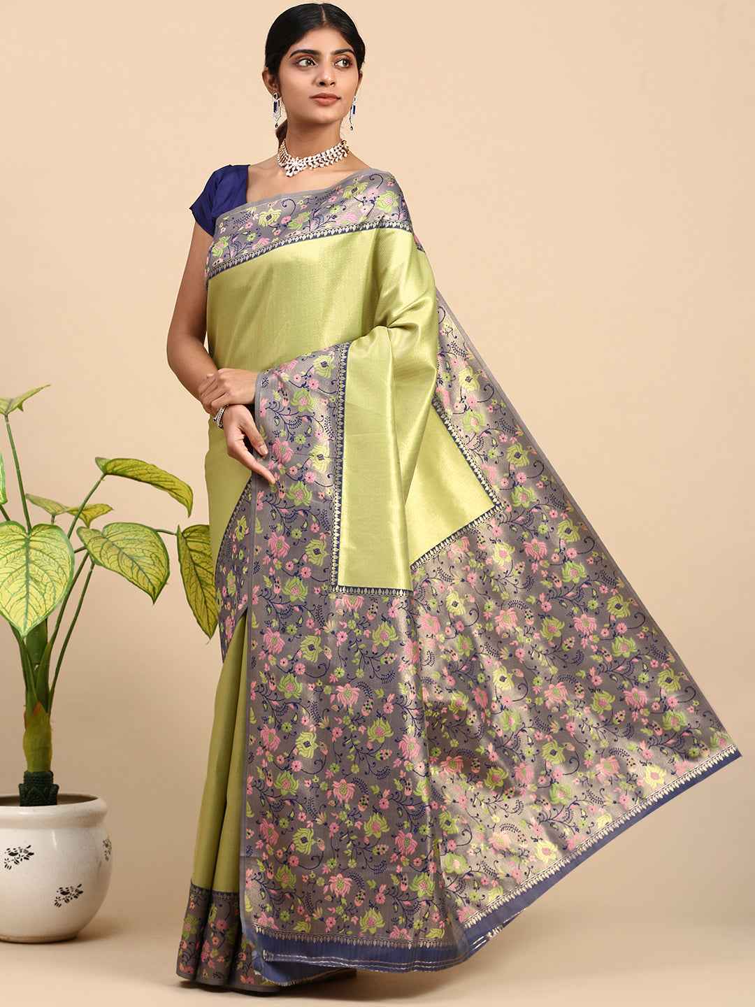 Women Semi Silk Tissue Weaving Saree Green SS277