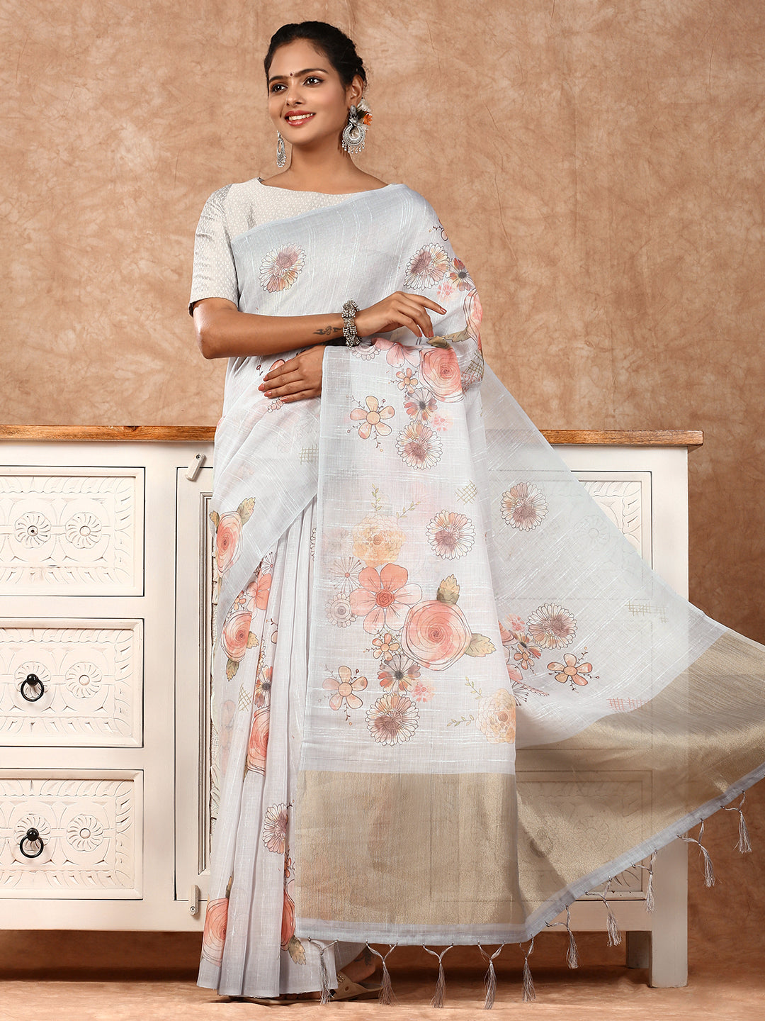 Women Semi Linen Saree Grey SL129