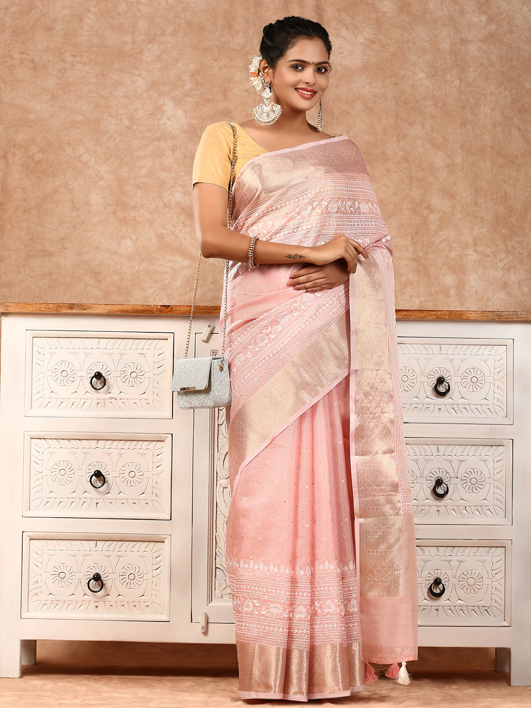 Womens Semi Silk Saree Pink SSC26