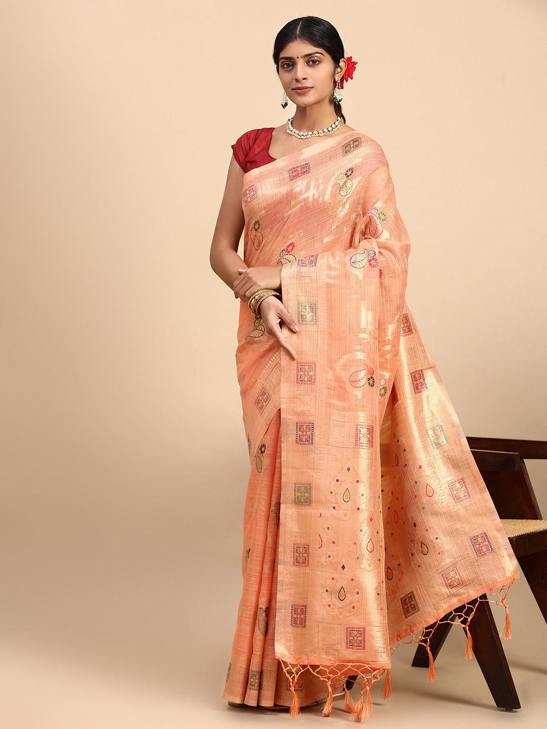 Women Semi Linen Printed Saree Orange SL165