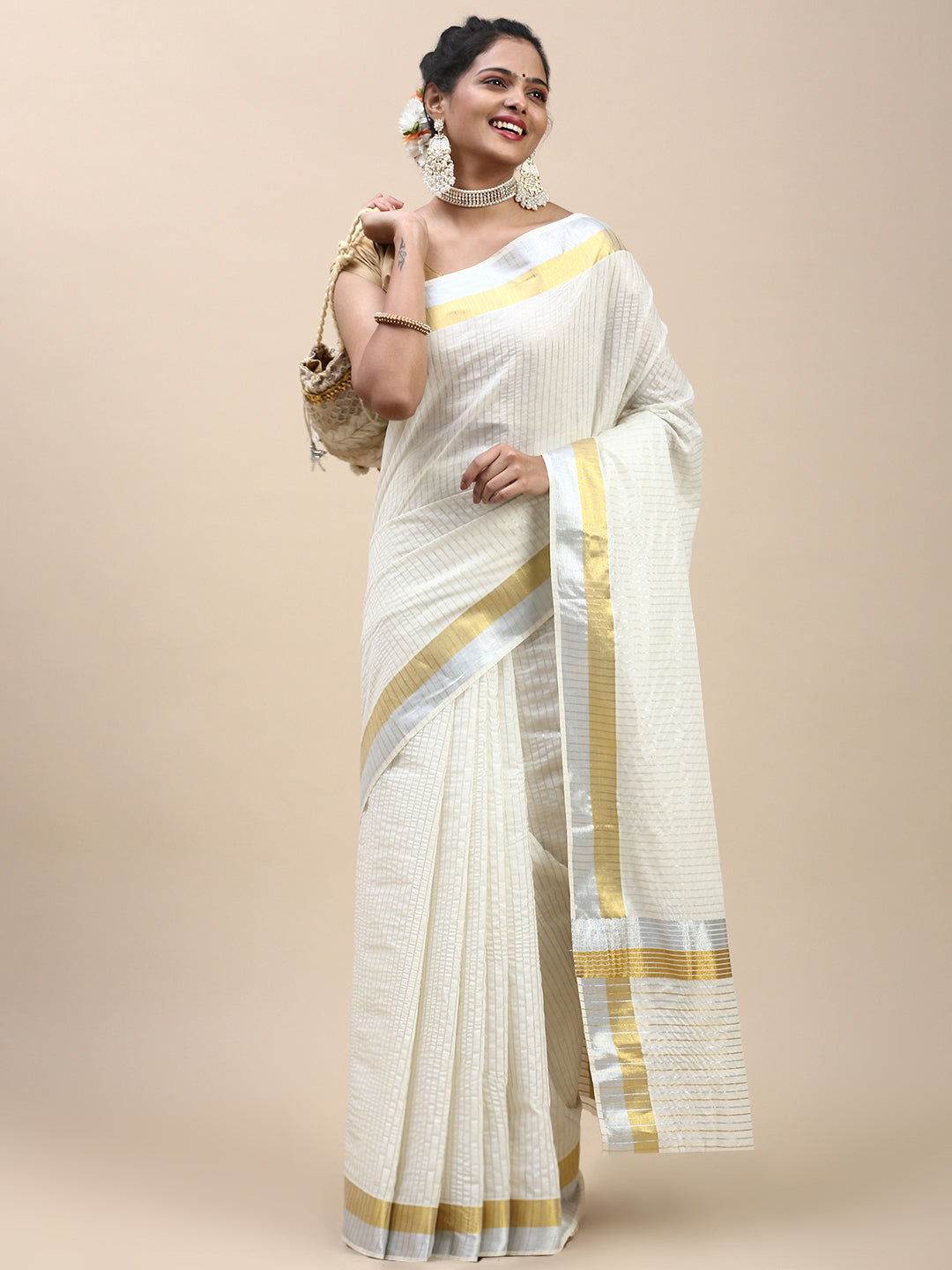 Kerala Cream Saree with Gold & Silver Jari Border KS132