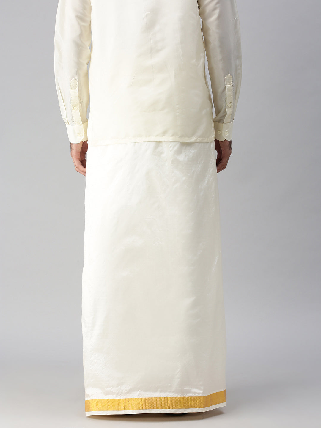 Men Silk Cream Double Dhoti 3/4" inch Gold Jari Border Suba Vivaga