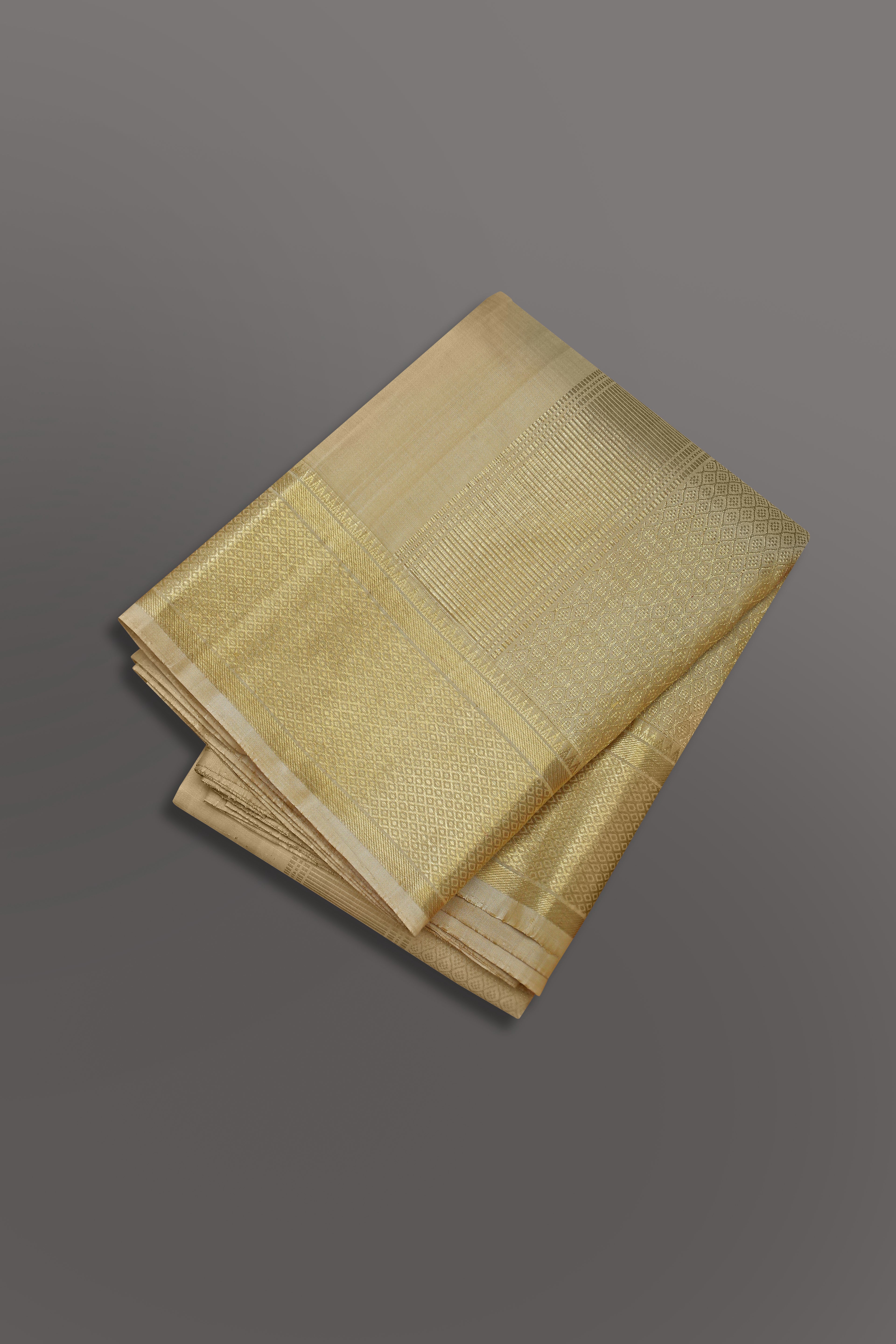 Men Premium Pure Silk Dhoti and Towel Set with 2-gram Gold Jari Virutcham