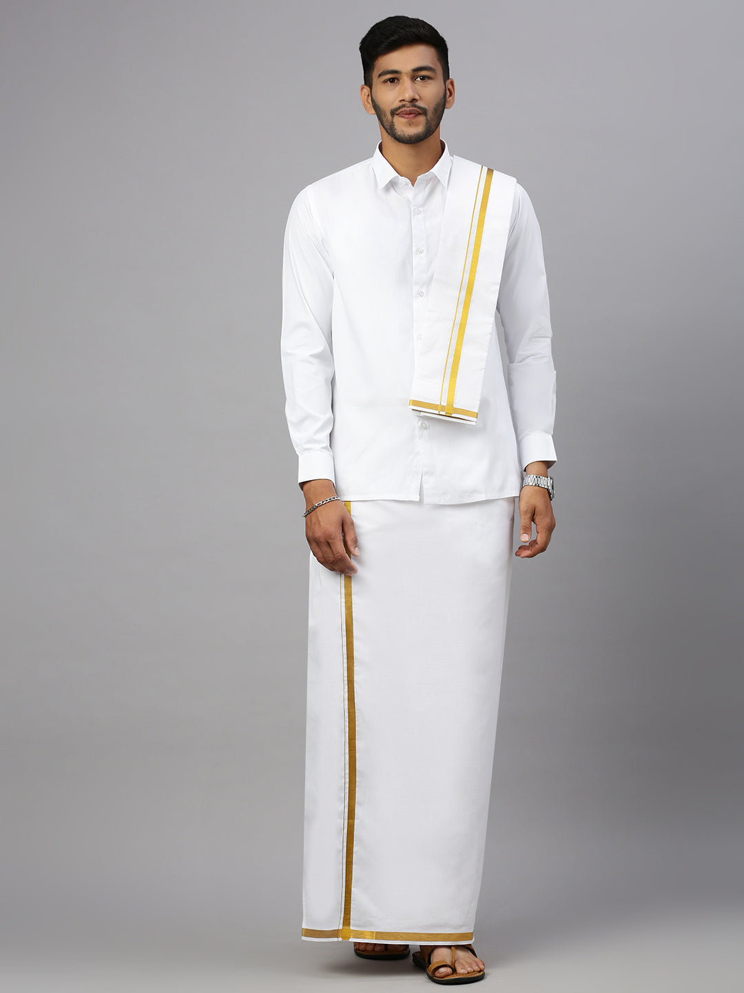 Men White with 3/4" inch Gold Jari Border Readymade Dhoti Shirt & Towel Set Dhanvanthri