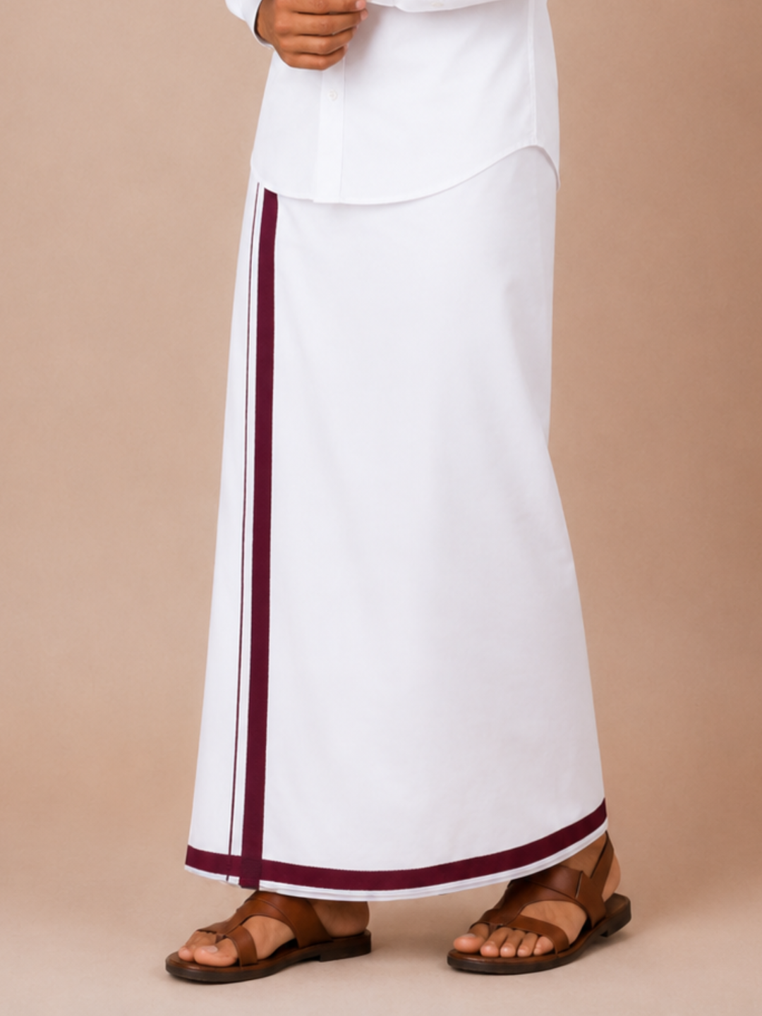 Men 100% Cotton Double Layer White Dhoti with Big Border Wisdom WB01