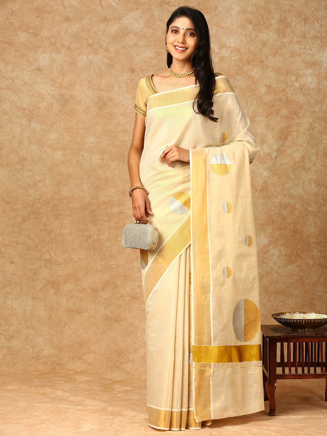 Women Kerala Tissue Gold with Copper Saree KS166