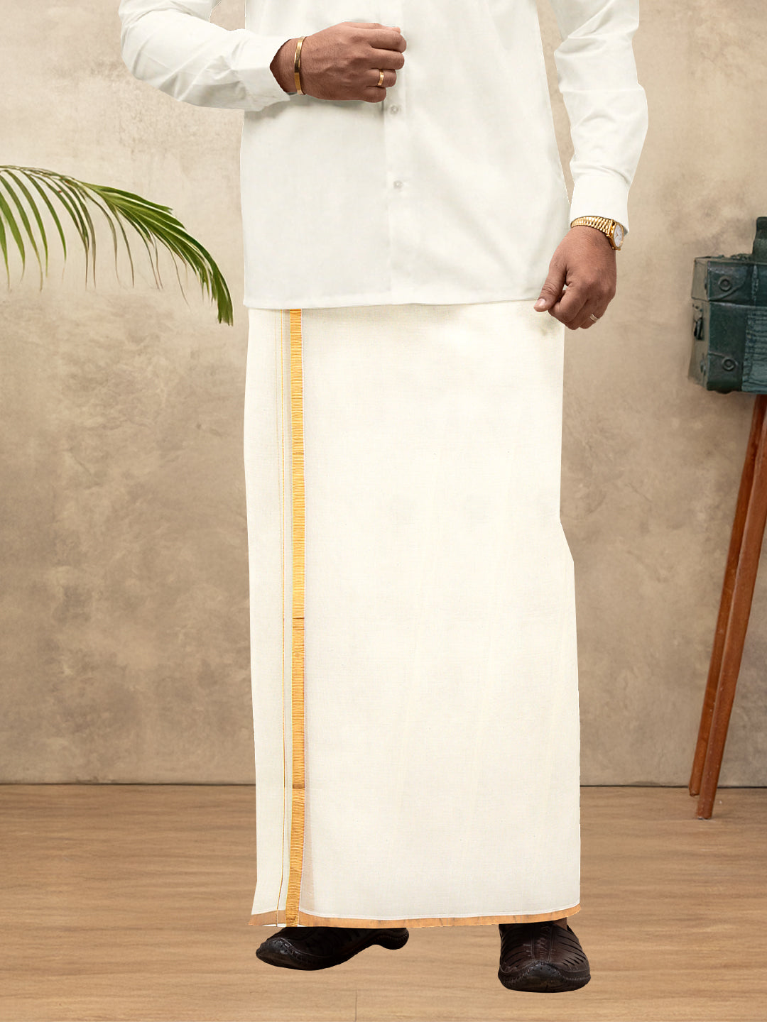 Men Kora Cotton Double Layer Cream Dhoti with 1/2"inch Gold Jari Border Mangal