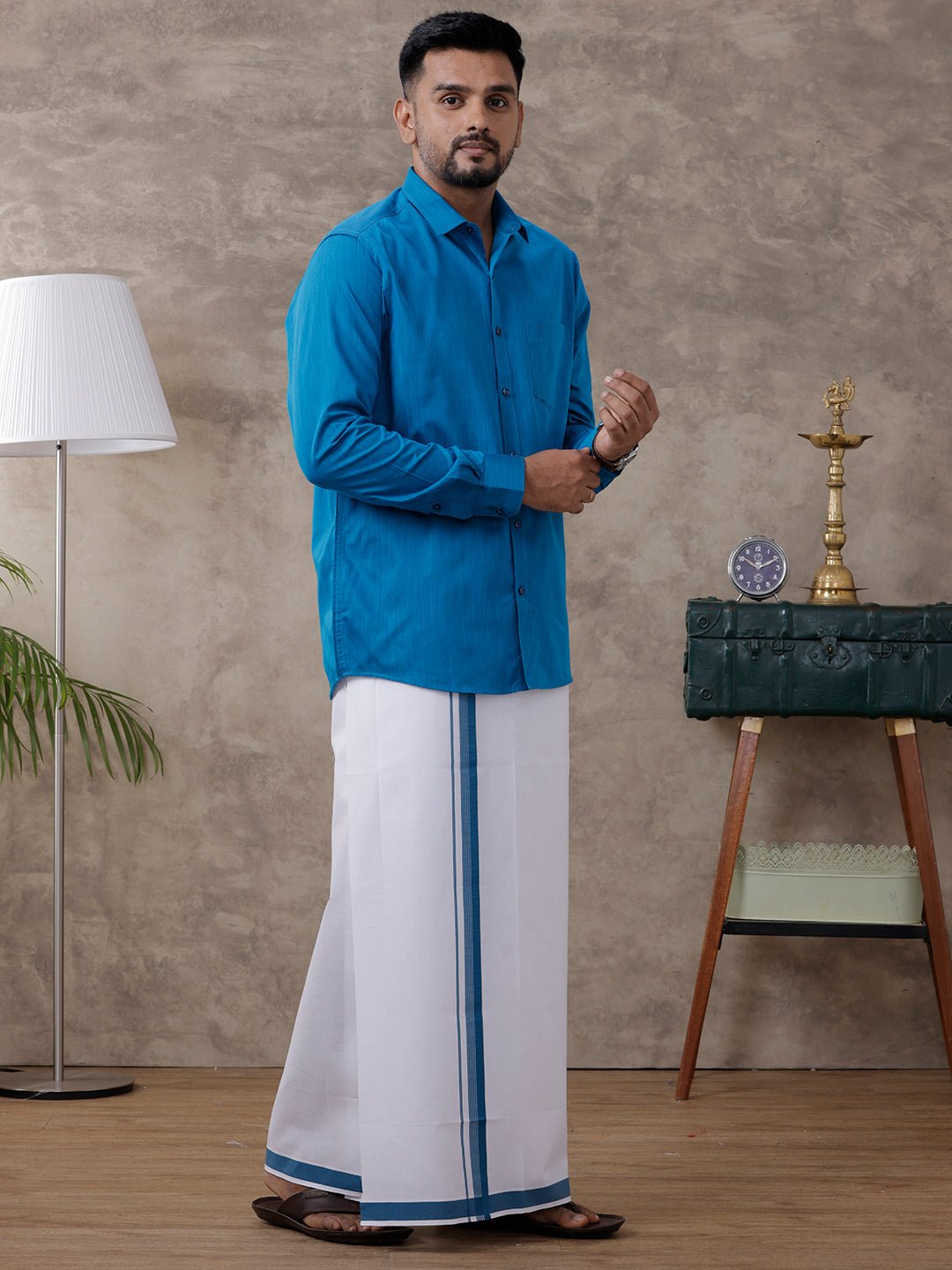 Mens Blue Matching Border Dhoti & Full Sleeves Shirt Set Evolution IC4