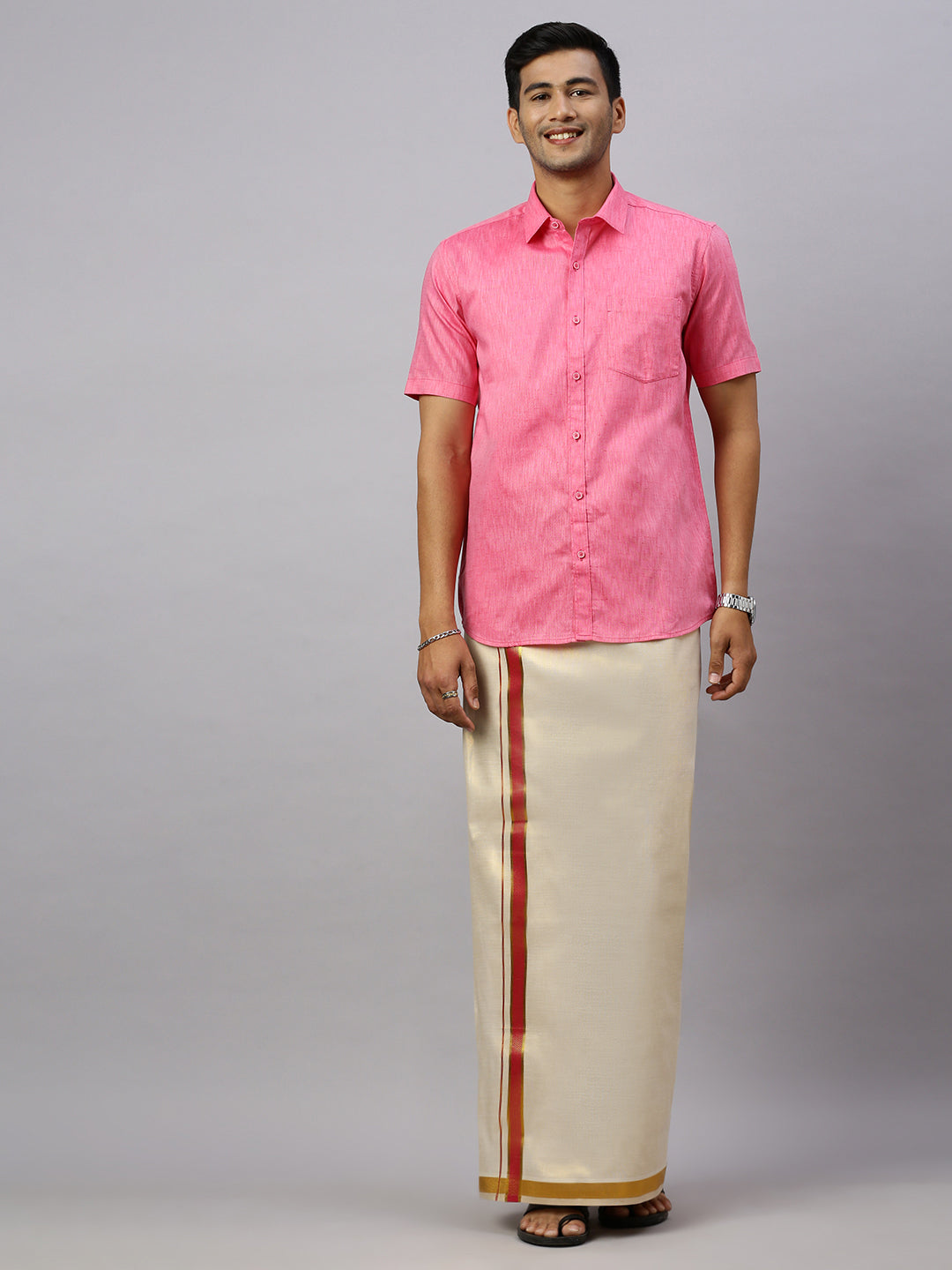 Men Cotton Rich Pink Shirt and Tissue Dhoti Set C34