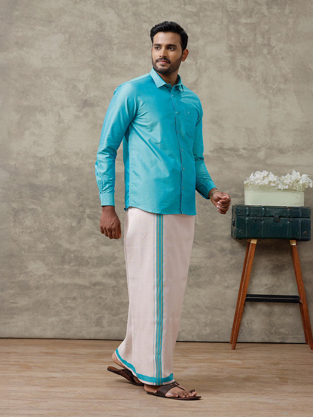 Couple Combo Shirt & Dhoti Set with Saree Blue SS322