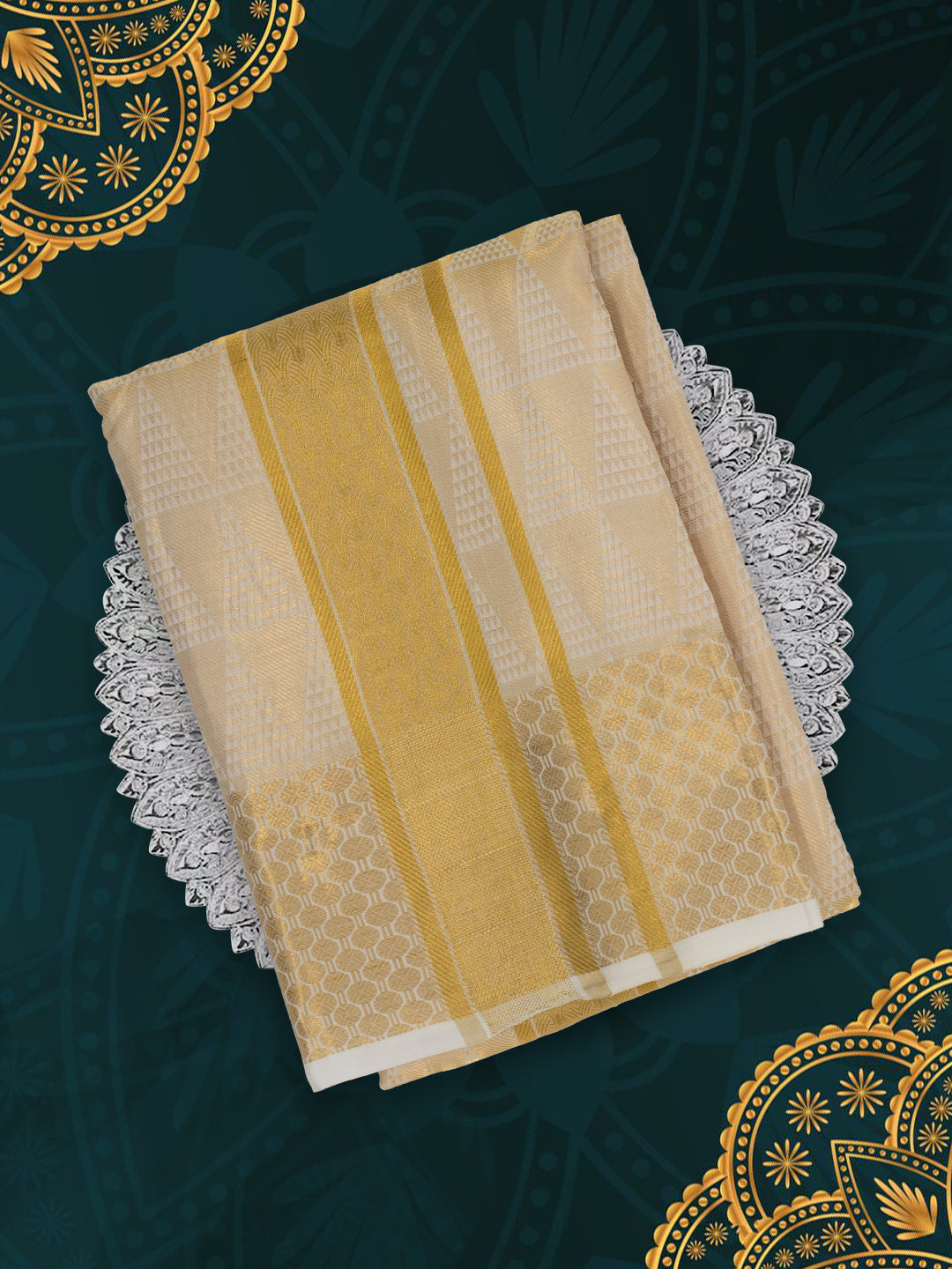 Men Premium Pure Silk Gold Tissue Emboss Design Dhoti Shirting & Towel Set with 5" inch Gold Jari Border RJ04