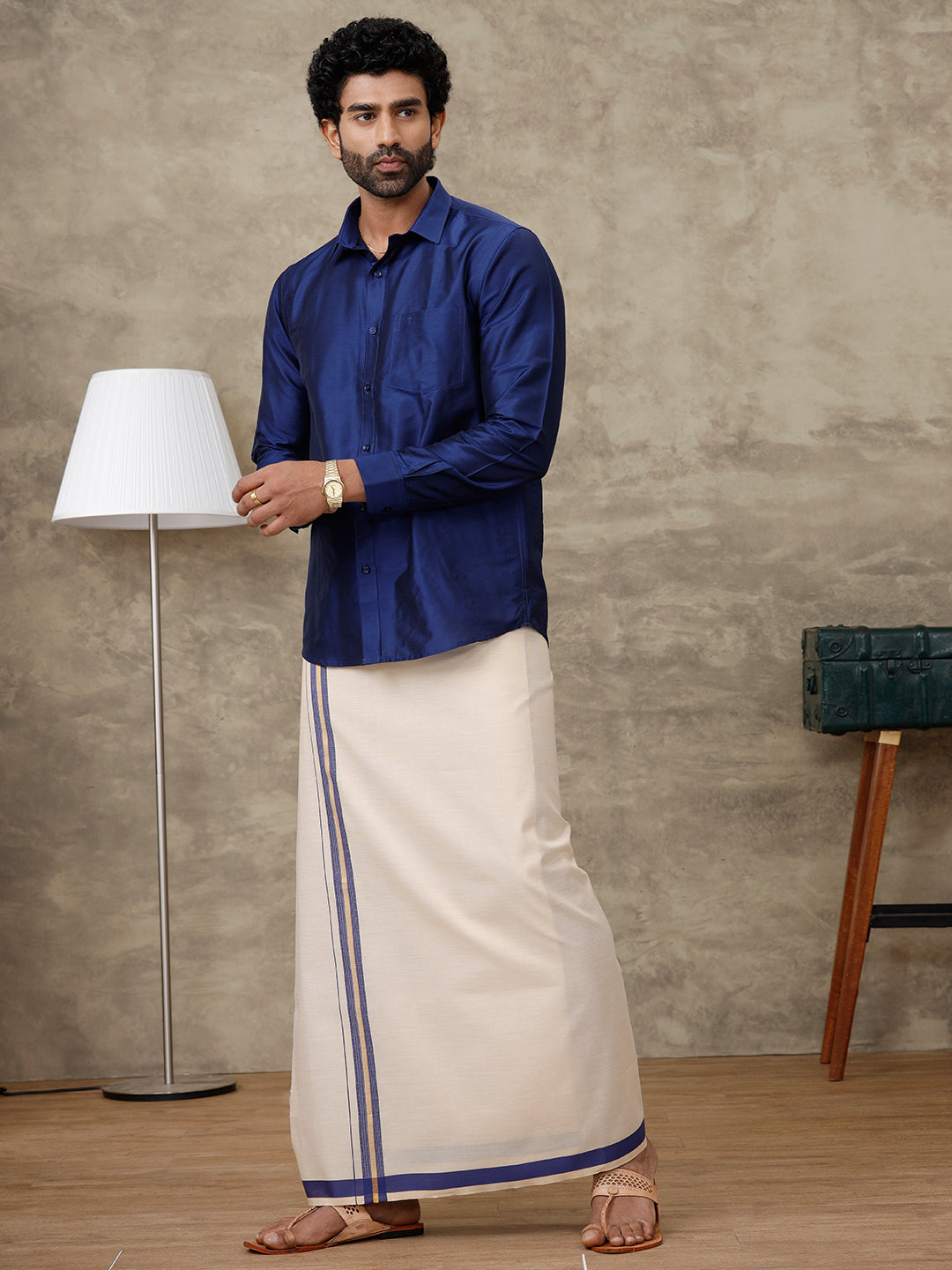 Men Blue Silk Cotton Shirt With Matching Border Tissue Dhoti Set CCB Fortune