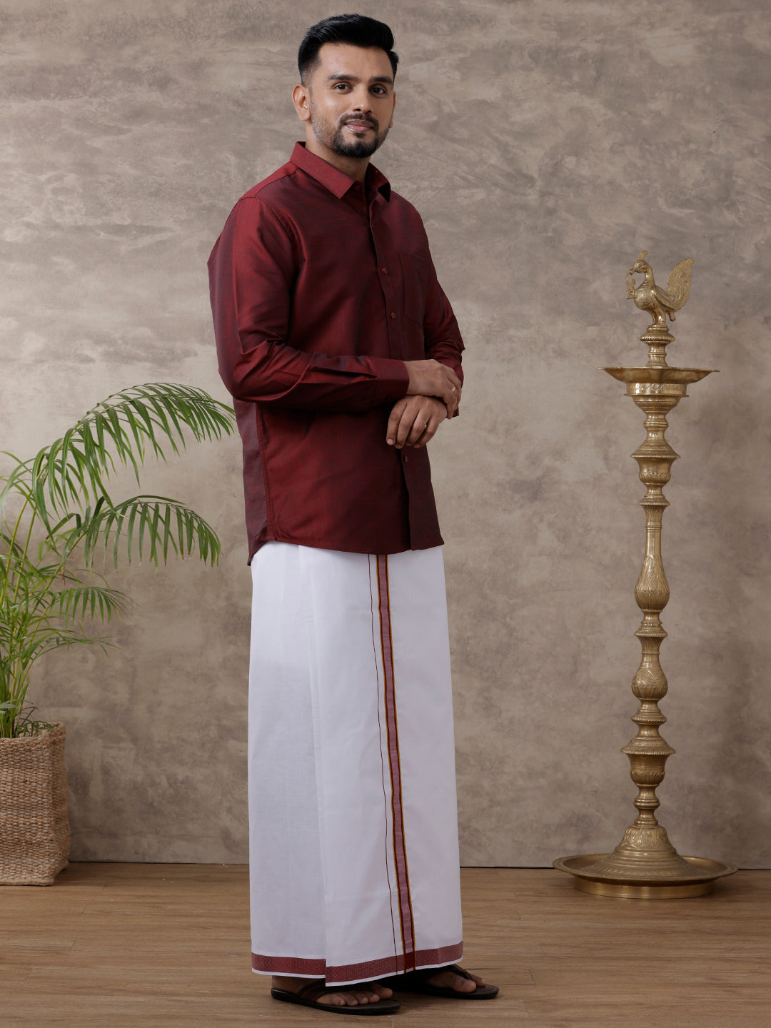 Men Matching Jari Border Dhoti & Full Sleeves Shirt Set Maroon VB7