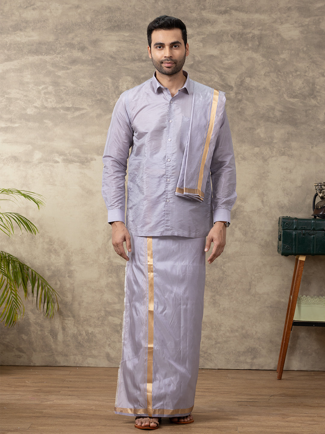 Men Art Silk Polar Violet Shirt & Dhoti Towel Set Swayamvara