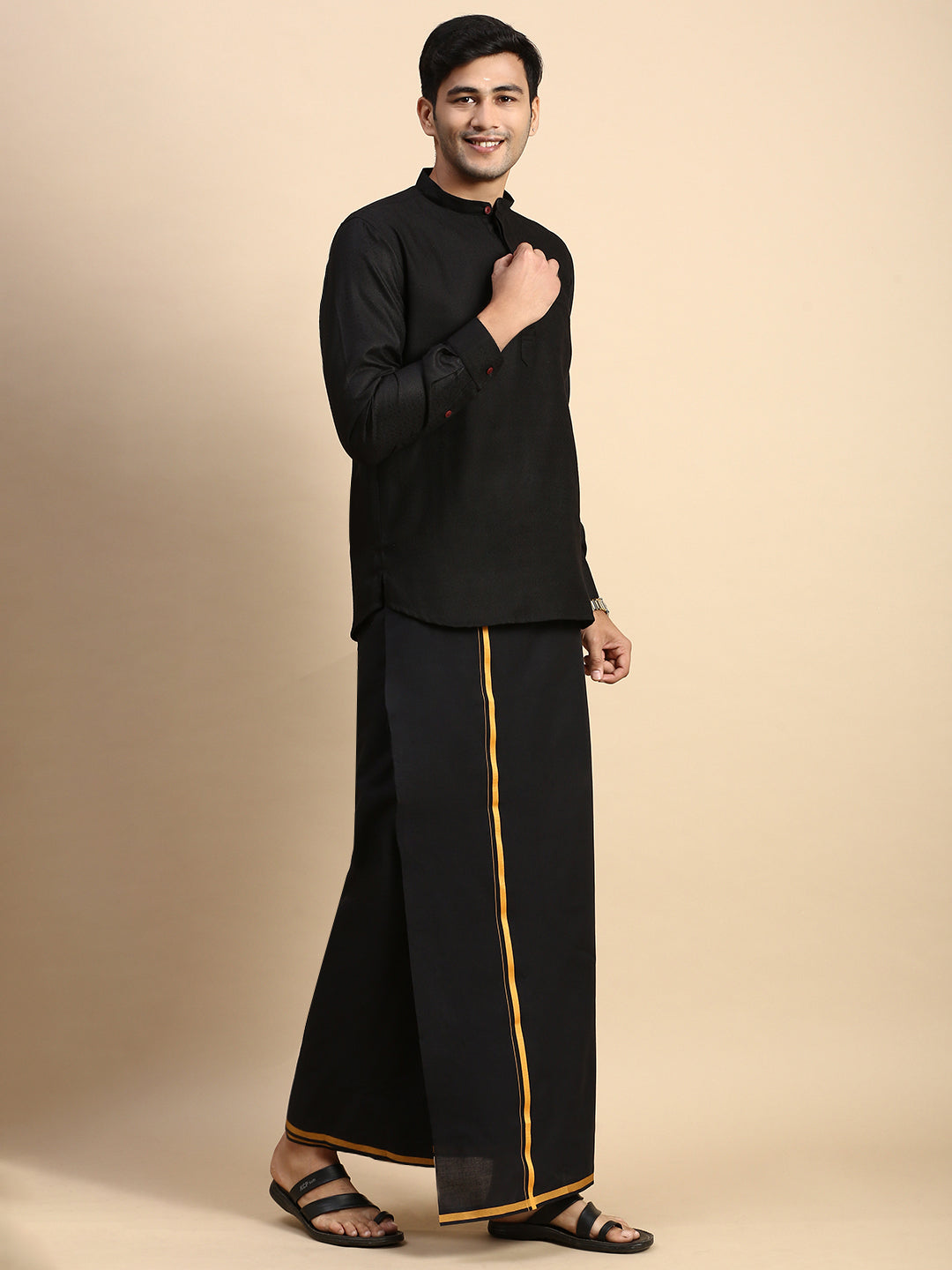 Men Devotional Big Border Dhoti & Kurta Set Black KP6