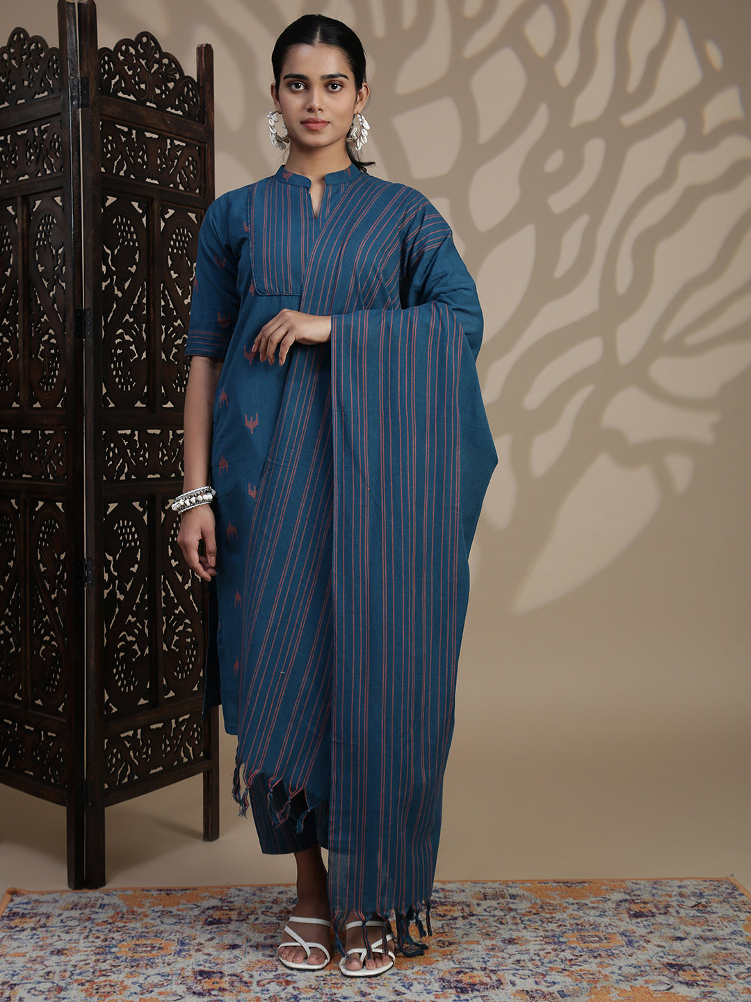 Women Cotton Blue Stripes Design Kurti Set EKS96