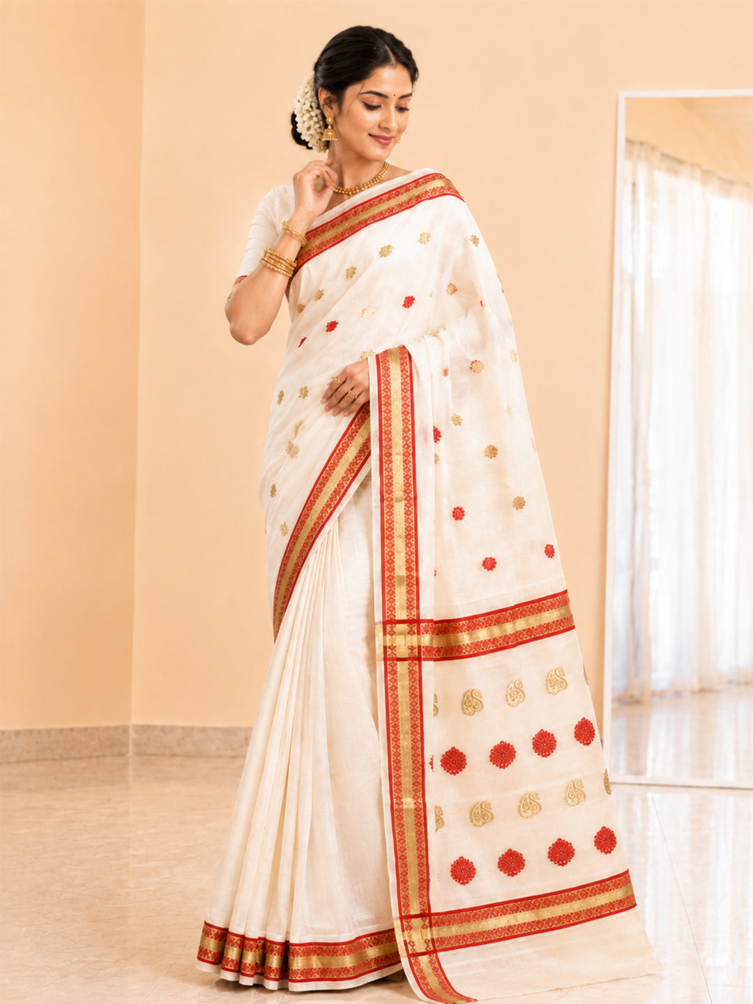 Women Kerala Embroidered Cream Saree KLS08