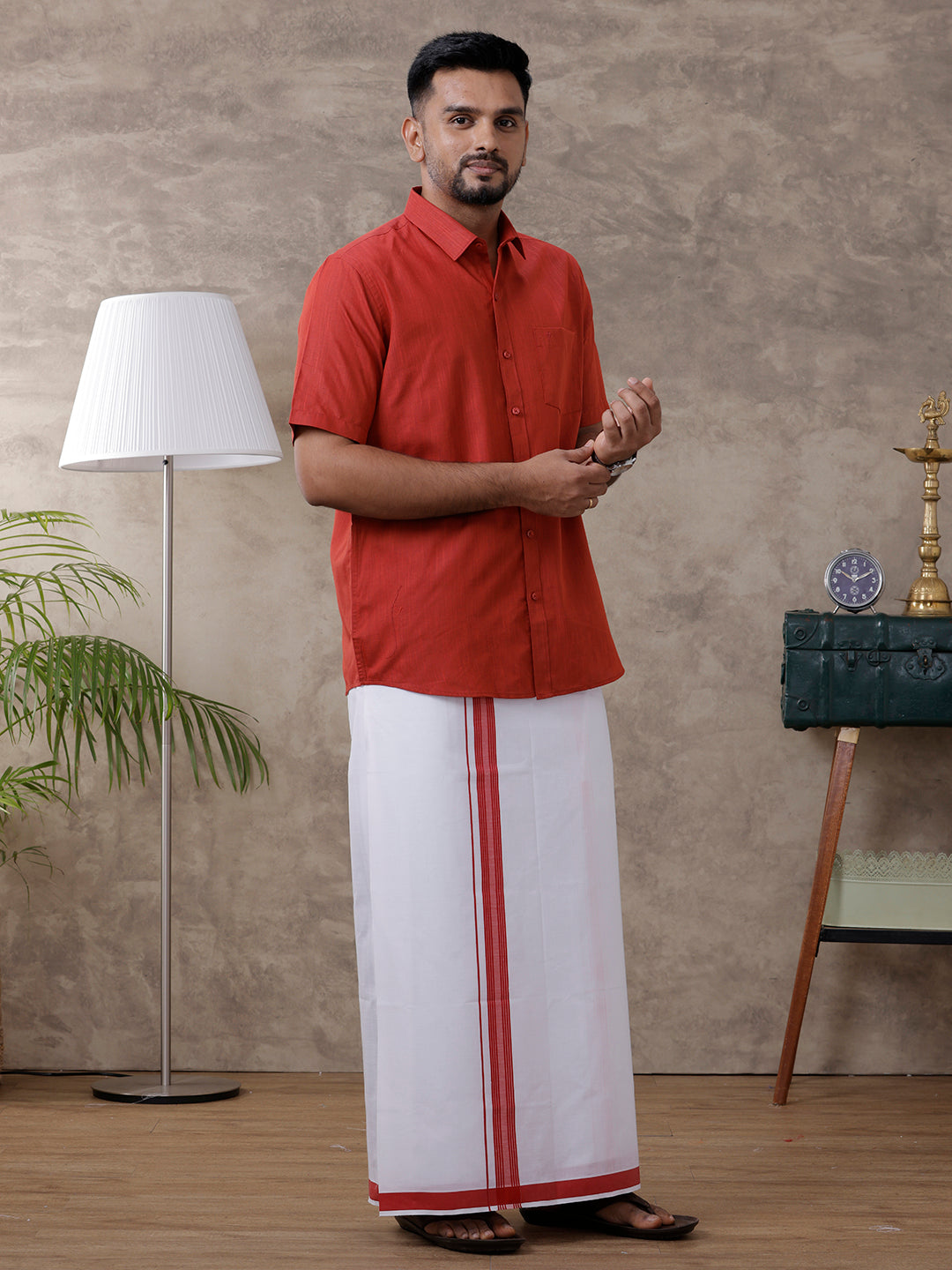 Mens Red Matching Border Dhoti & Half Sleeves Shirt Set Evolution IC5